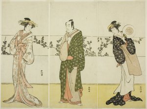 Aktorzy Osagawa Tsuneyo II (po prawej), Ichikawa Monnosuke II (w środku) i Segawa Kikunojo III (po lewej), prawdopodobnie jako Misao Gozen, Matsuya Soshichi i kurtyzana Kojoro z Hakaty w sztuce Chiyo no Hajime Ondo no Seto (Początki wieczności: The Ondo autorstwa Katsukawa Shunkо̄