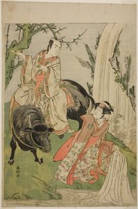 Aktorzy Segawa Kikunojo III jako księżniczka Hatsune (Hatsune Hime) (po prawej) i Ichikawa Monnosuke II jako Miyukinosuke Yukinari w sztuce Otokoyama Furisode Genji, wystawionej w teatrze Kiri w jedenastym miesiącu 1785 r. autorstwa Katsukawa Shunkо̄
