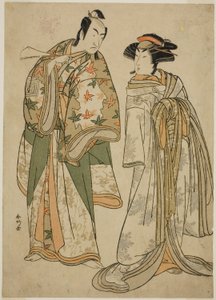 Aktorzy Segawa Kikunojo III jako kurtyzana Sumizome (po prawej) i Ichikawa Monnosuke II jako Goinosuke Yoshimine (po lewej) w sztuce Juni-hitoe Komachi-zakura, wystawianej w teatrze Kiri w jedenastym miesiącu 1784 r. autorstwa Katsukawa Shunkо̄