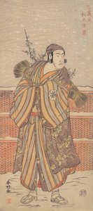 Matsumoto Sumezo jako mężczyzna w zimowym stroju stojący na śniegu, ca. 1785-90. autorstwa Katsukawa Shunko