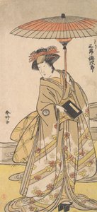 Mimasu Tokujuro jako kobieta stojąca przy wijącym się strumieniu, ca. 1780. autorstwa Katsukawa Shunko