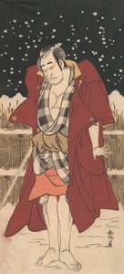 Onoe Matsusuke jako Człowiek uzbrojony w miecz, stojący w śniegu przed ogrodzeniem, 1786. autorstwa Katsukawa Shunko