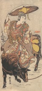 Aktor Matsumoto Koshiro IV na wołu podczas śnieżycy, ca. 1790. autorstwa Katsukawa Shunko