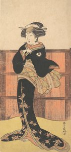 Czwarty Iwai Hanshiro jako kobieta w czarnym kimonie, ca. 1778 autorstwa Katsukawa Shunko
