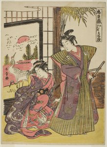 Akt drugi: Dom Kakogawy Honzo ze sztuki Chushingura (Skarb Lojalnych Darczyńców), ok. 1779-80 (kolorowy drzeworyt; chuban) autorstwa Katsukawa Shunsho