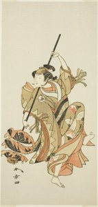 Aktor Iwai Hanshiro IV wykonuje taniec z potrójnym parasolem w filmie „Kwiat Japonii: Pięć postaci Ono no Komachi” („Kuni no Hana Ono no Itsumoji”) autorstwa Katsukawa Shunsho