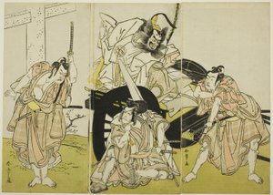 Aktorzy Nakajima Mihoemon II jako Fujiwara no Shihei, Ichikawa Ebizô III jako Matsuo-maru, Ichikawa Yaozô II jako Sakura-maru i Ichimura Uzaemon IX jako Umeo-maru w "Sugawara