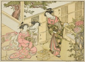 Kurtyzany z Chojiya, z książki „Porównanie piękna zielonych domów: zwierciadło ich form (Seiro bijin awase sugata kagami),” tom. 1 autorstwa Katsukawa Shunsho
