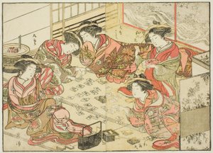 Kurtyzany Echizenya, z książki „Zwierciadło pięknych kobiet z dzielnic przyjemności (Seiro bijin awase sugata kagami),” tom. 2 autorstwa Katsukawa Shunsho