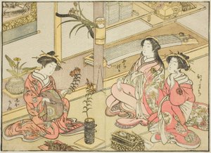 Kurtyzany Kadotsutaya, z książki „Zwierciadło pięknych kobiet z dzielnic przyjemności (Seiro bijin awase sugata kagami),” tom. 1 autorstwa Katsukawa Shunsho
