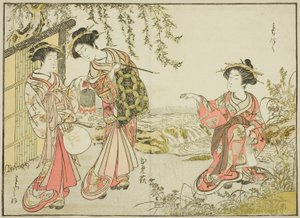 Kurtyzany Kadotsutaya, z książki „Zwierciadło pięknych kobiet z dzielnic przyjemności (Seiro bijin awase sugata kagami),” tom. 1 autorstwa Katsukawa Shunsho