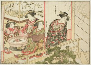 Kurtyzany z Kiribishiya, z książki „Zwierciadło pięknych kobiet z dzielnic przyjemności (Seiro bijin awase sugata kagami),” tom. 2 autorstwa Katsukawa Shunsho