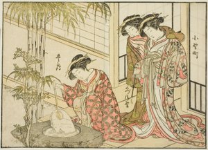 Kurtyzany Maruya, z książki „Zwierciadło pięknych kobiet Dzielnicy Przyjemności (Seiro bijin awase sugata kagami),” tom. 2 autorstwa Katsukawa Shunsho