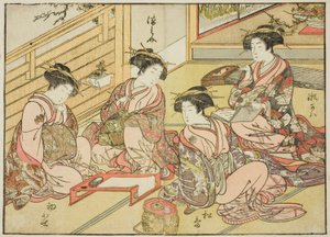 Kurtyzany Matsubaya, z książki „Zwierciadło pięknych kobiet z dzielnic przyjemności (Seiro bijin awase sugata kagami),” tom. 1 autorstwa Katsukawa Shunsho