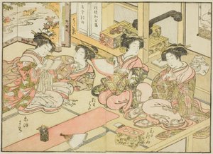 Kurtyzany Ogiya, z książki „Zwierciadło pięknych kobiet Dzielnicy Przyjemności (Seiro bijin awase sugata kagami),” tom. 1 autorstwa Katsukawa Shunsho
