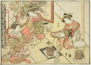 Kurtyzany Okaneya, z książki „Zwierciadło pięknych kobiet z dzielnic przyjemności (Seiro bijin awase sugata kagami),” tom. 2 autorstwa Katsukawa Shunsho