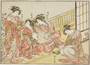 Kurtyzany Takeya, z książki „Zwierciadło pięknych kobiet Dzielnicy Przyjemności (Seiro bijin awase sugata kagami),” tom. 1 autorstwa Katsukawa Shunsho