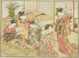 Kurtyzany Wakanayi, z książki „Zwierciadło pięknych kobiet Dzielnicy Przyjemności (Seiro bijin awase sugata kagami),” tom. 1 autorstwa Katsukawa Shunsho