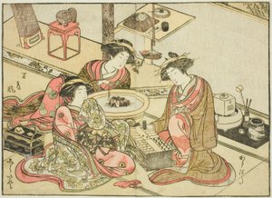 Kurtyzany Yamashiroya, z książki „Zwierciadło pięknych kobiet z dzielnic przyjemności (Seiro bijin awase sugata kagami),” tom. 2 autorstwa Katsukawa Shunsho