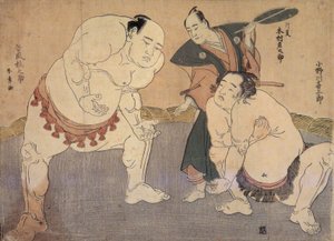 Onagawa Kisaburo i Tanikaze Kajinosuke wykonują Shiriki w Dohyo, sędziuje Kimura Shonosuke autorstwa Katsukawa Shunsho