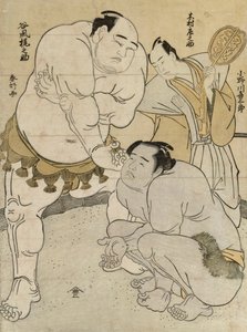 Pre parathion s fore tch beto een Onagawa Uki Saburo draft d Tanikaze Kajinosuke, sędzia Kimura Shosuke autorstwa Katsukawa Shunsho