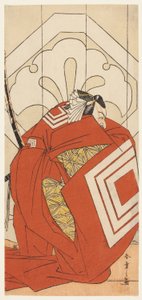 Aktor Ichikawa Danjuro V w roli "Shibaraku", prawdopodobnie jako Kato Hyoeisa Shigemitsu, w trzeciej scenie sztuki Masakado Kammuri no Hatsuyuki (Pierwszy śnieg na nakryciu głowy Taira no Masakado), wystawianej w teatrze Nakamura w jedenastym roku po wojni autorstwa Katsukawa Shunsho