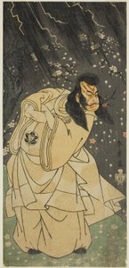 Aktor Ichimura Uzaemon IX jako Kan Shojo w sztuce Sugawara Denju Tenarai Kagami, wystawionej w Teatrze Ichimura w ósmym miesiącu, 1768 autorstwa Katsukawa Shunsho