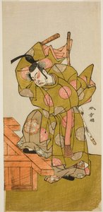 W towarzystwie Uzaemona Ichimury, doktora X Jako asystenta czarnego mistrza Te Pay Czarny mistrz kwiatów i śniegu w formie występu w Tee Ichimura Gate th, 1776 autorstwa Katsukawa Shunsho