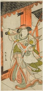 Aktor Nakamura Tomijuro I jako Hangaku Gozen wyłamujący bramę w sztuce Wada-gassen Onna Maizuru (Konflikt Wada: Kobiece "Maizuru"), wystawianej w teatrze Nakamura od dwudziestego piątego dnia siódmego miesiąca 1777 r. autorstwa Katsukawa Shunsho