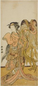 Aktor Nakamura Tomijuro I jako kurtyzana Toyama z Tsurugi w sztuce Keisei Tsuki no Miyako, wystawionej w Teatrze Morita w ósmym miesiącu, 1775 autorstwa Katsukawa Shunsho