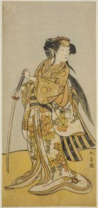 Aktor Onoe Tamizo I jako Kureha (?) w sztuce Shusse Taiheiki (?), wystawiony w Teatrze Nakamura (?) w ósmym miesiącu 1775 (?) autorstwa Katsukawa Shunsho