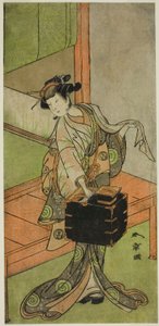 Aktor Yamashita Kinsaku II jako Miyagino przebrany za fryzjera w sztuce Kosode-gura no Tekubari, wystawionej w Teatrze Morita w drugim miesiącu, 1772 (?) autorstwa Katsukawa Shunsho