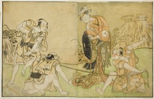 Aktorzy Bando Zenji I jako Nagahashi Saburo, Iwai Hanshiro IV jako Otatsu-gitsune, Nakamura Konozo jako Hagai Ujitsune oraz niezidentyfikowany aktor (od prawej do lewej) w sztuce Nue no Mori Ichiyo no Mato, wystawionej w Teatrze Nakamura w Jedenasty Miesią autorstwa Katsukawa Shunsho