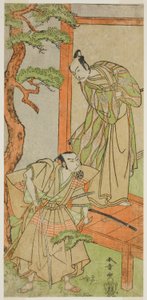 Aktorzy Ichikawa Danjuro V jako Momonoi Wakasanosuke (po prawej) i Nakamura Nakazo I jako Kakogawa Honzo (po lewej), w sztuce Kanadehon Chushingura, wystawionej w Teatrze Nakamura w piątym miesiącu, 1771 autorstwa Katsukawa Shunsho