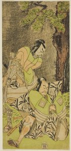 Aktorzy Ichikawa Danzo III jako I no Hayata Tadazumi (po prawej) i Matsumoto Koshiro II jako Osada no Taro Kagemune (po lewej), w sztuce Nue no Mori Ichiyo no Mato, wystawionej w Teatrze Nakamura w jedenastym miesiącu 1770 autorstwa Katsukawa Shunsho