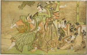 Aktorzy Ichikawa Komazo II jako Minamoto no Yorimasa (po prawej), Matsumoto Koshiro II jako Osada no Taro Kagemune w przebraniu Yatsurugiego Zaemona (w środku) i Ichikawa Danzo III jako ja no Hayata Tadazumi (po lewej), W sztuce Nue no Mori Ichiyo no Mato, autorstwa Katsukawa Shunsho