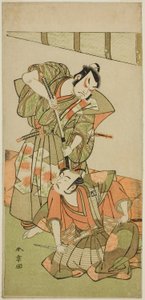 Aktorzy Ichikawa Yaozo II jako Konoshita Hyokichi (?) (po prawej) i Sakata Hangoro II jako Matsunaga Daizen Hisahide (?) (po lewej), w sztuce Gion Sairei Shinko Ki (?), wystawionej w Teatrze Ichimura (?) w piąty miesiąc, 1775 (?) autorstwa Katsukawa Shunsho