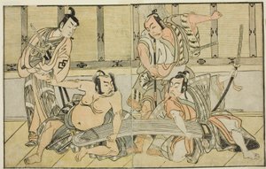 Aktorzy Ichikawa Yaozo II jako Kujaku no Saburo, Matsumoto Koshiro II jako Hata no Daizen Taketora, Nakajima Mihoemon II jako Aramaki Mimishiro i Nakamura Shocho I jako Ki no Tsurayuki (od prawej do lewej), w sztuce Kuni no Hana Ono no Itsumoji, Wykonywane autorstwa Katsukawa Shunsho