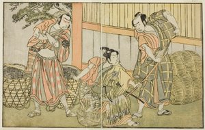 Aktorzy Kasaya Matakuro II jako Hagun Taro (po prawej), Ichikawa Monnosuke II jako Izutsu no Suke Narihira (w środku) i Nakamura Nakazo I jako Kose no Kanaoka przebrany za Sogoro Wytwórca węgla drzewnego w sztuce Kuni no Hana Ono no Itsumoji, Wystąpiono w  autorstwa Katsukawa Shunsho