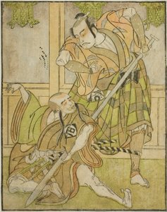 Kasaya Matakuro II jako Nobuyori przebrany za Yakko Gunnai (po prawej) i Miyazaki Hachizo jako świecki mnich Hambyo Nyudo (po lewej), w sztuce Nue no Mori Ichiyo no Mato, wystawionej w Teatrze Nakamura w jedenastym miesiącu, autorstwa Katsukawa Shunsho