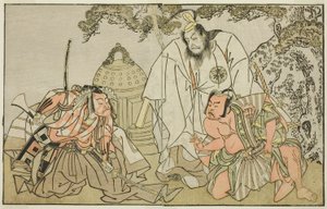 Aktorzy Nakajima Mihoemon II jako Aramaki Mimishiro (po prawej), Matsumoto Koshiro II jako Otomo no Yamanushi (w środku) i Ichikawa Danzo III jako Hannya no Goro (po lewej), w sztuce Kuni no Hana Ono no Itsumoji, wystawione w Teatrze Nakamura w XI autorstwa Katsukawa Shunsho