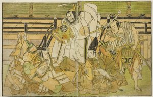 Aktorzy Nakamura Denkuro II jako Seno-o Taro, Ichikawa Komazo II jako Yorimasa, Nakamura Nakazo I jako Taira no Kiyomori oraz Ichikawa Danjuro V jako Kiou Takiguchi (od prawej do lewej) w Play Nue no Mori Ichiyo no Mato Teatr Nakamura w autorstwa Katsukawa Shunsho