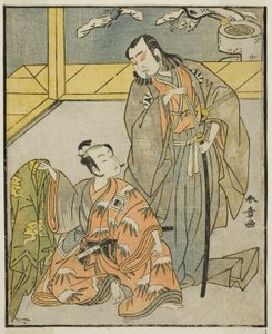 Aktorzy Nakamura Denkuro II jako Suma no Dairyo (po prawej) i Ichikawa Komazo II jako Ariwara no Yukihira (po lewej), w sztuce Kuni no Hana Ono no Itsumoji, wystawionej w Teatrze Nakamura w jedenastym miesiącu 1771 autorstwa Katsukawa Shunsho