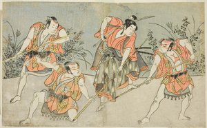 Aktorzy Nakamura Kashiwagi jako Wakashu (drugi od prawej) i Trzej niezidentyfikowani aktorzy jako Yakko autorstwa Katsukawa Shunsho