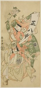 Aktorzy Nakamura Nakazo I i Ichikawa Komazo I na scenie tanecznej „Shakkyo” („Kamienny most”) w spektaklu „Ima o Sakari Suehiro Genji” („Klan Genji teraz w zenicie”), wystawiany w Teatrze Nakamura od pierwszego dnia jedenastego miesiąca, autorstwa Katsukawa Shunsho