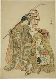 Aktorzy Nakamura Nakazo I jako Onmaya Kisanda przebrany za tancerza lwa Kakubei (Kakubei-jishi) (po prawej) i Segawa Kikunojo III jako Shizuka Gozen (po lewej), w Sekwencji Tańca „Myoto-zake Kawaranu Nakanaka” (Wieczna harmonia małżeństwa ) Puchar), od t autorstwa Katsukawa Shunsho