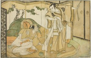 Aktorzy Nakamura Nakazo I jako Taira no Kiyomori (po prawej) i Yamashita Kinsaku II jako Tokiwa Gozen (po lewej), w sztuce Nue no Mori Ichiyo no Mato, wystawionej w Teatrze Nakamura w jedenastym miesiącu 1770 autorstwa Katsukawa Shunsho
