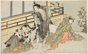 Aktorzy Nakamura Noshio I jako Nyosan no Miya (po prawej), Ichikawa Danjuro V jako Mnich-Renegat Yochin (w środku) i Yamashita Kinsaku II jako Pokojówka Mutsuhana (po lewej), w sztuce Fuki Kaete Tsukimo Yoshiwara, w Teatrze Morita w jedenastu autorstwa Katsukawa Shunsho