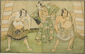 Aktorzy Nakamura Sukegoro II jako Matano no Goro (po prawej), Onoe Kikugoro I jako Soga no Taro (w środku) i Otani Hiroji III jako Kawazu no Saburo (po lewej), w przedstawieniu Myoto-giku Izu no Kisewata, wykonywane w Ichimura Teatr w jedenastym miesiącu,  autorstwa Katsukawa Shunsho