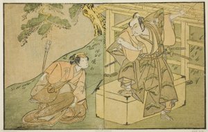Aktorzy Onoe Matsusuke I jako Akaboshi Taro (po prawej) i Azuma Tozo II jako Shirotae (po lewej), w sztuce Kono Hana Yotsugi no Hachi no Ki, wystawionej w Teatrze Ichimura w jedenastym miesiącu 1771 autorstwa Katsukawa Shunsho